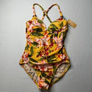 Kona Sol Womens One Piece Yellow Floral Swimsuit‎ Size Medium